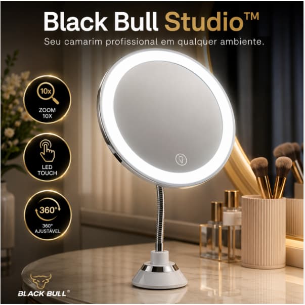 Espelho de Mesa para Maquiagem LED 10X Zoom Black Bull Studio Touch Haste Flexível Ventosa USB