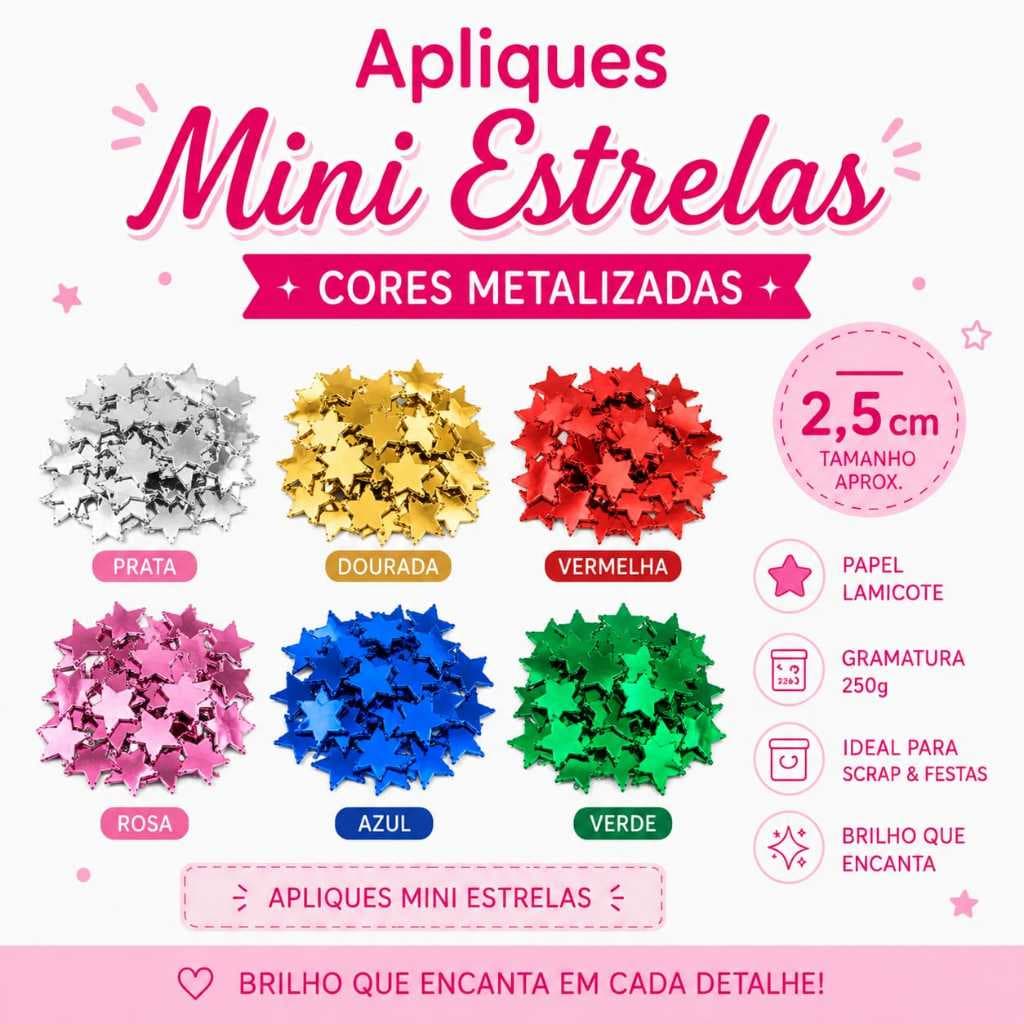 Kit Mini Estrelas Apliques de Papel Metalizado. Festa, Scrapbook, Decoração