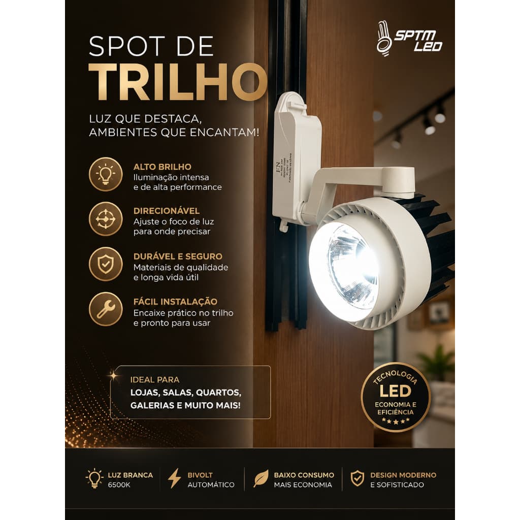 SPOT DE TRILHO BRANCO- ILUMINAÇÃO DIRECIONÁVEL DE ALTO DESEMPENHO