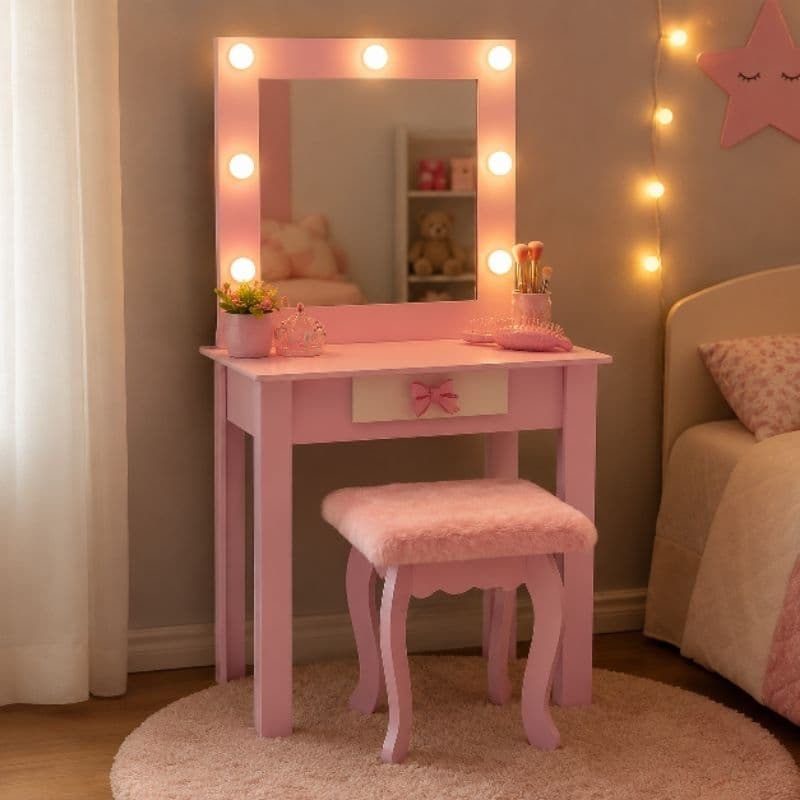 Penteadeira Camarim Infantil Rosa com Espelho Luz Banqueta Estofada Pelúcia  Cantinho Encantador Menina Decoração Quarto