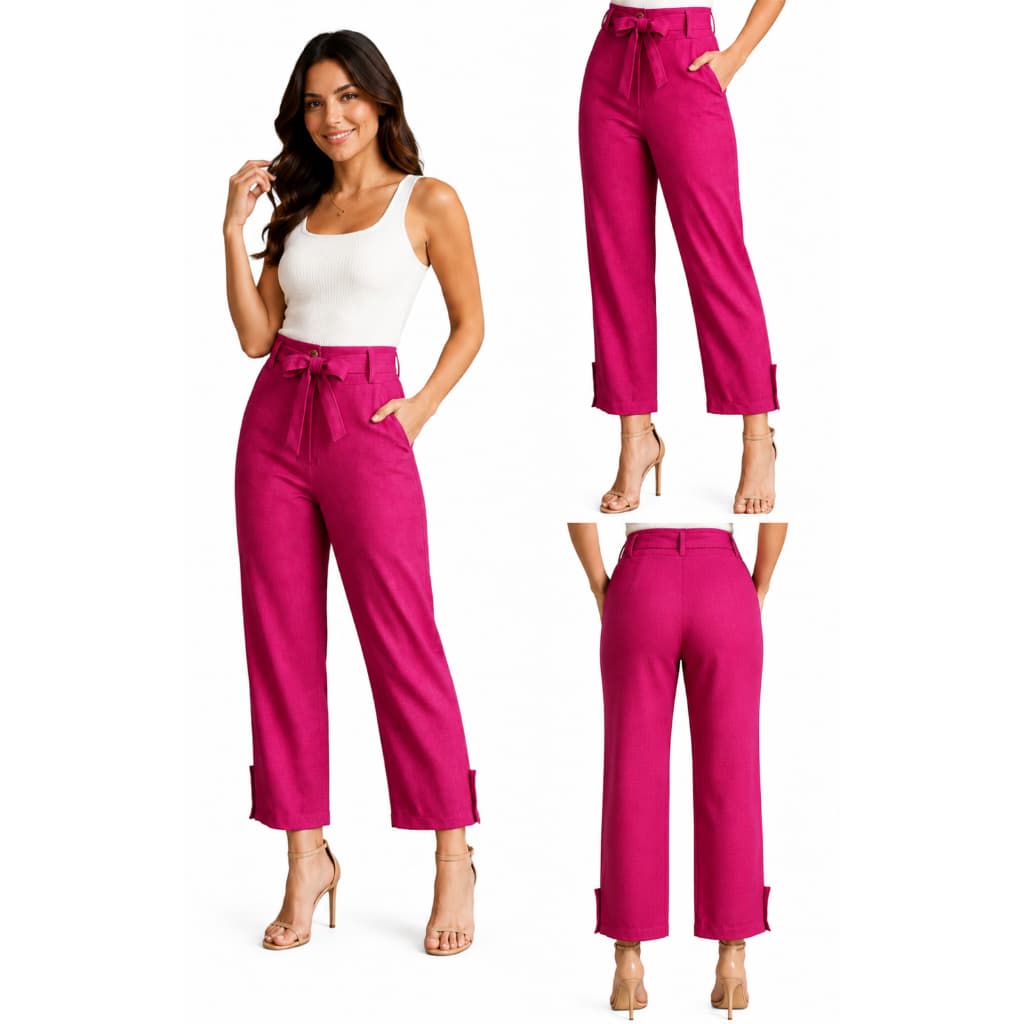 Calça Feminina de Linho Rosa Pink Cintura Alta com Faixa Elegante Social Casual