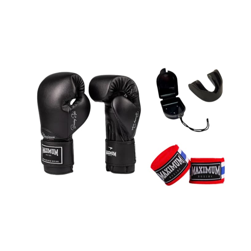 KIT LUVA CLASSIC PRETA+BANDAGEM TAILÂNDIA 3 METROS E PROTETOR BUCAL- BOXE/MUAY THAI