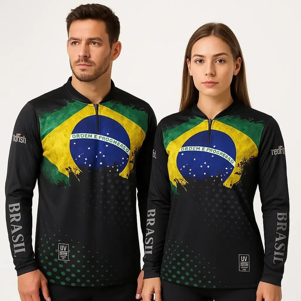 Kit 2 Camisas de Pesca Brasil UV 50+ Proteção Solar Masculina Feminina Dry Fit + Bolsa Personalizada