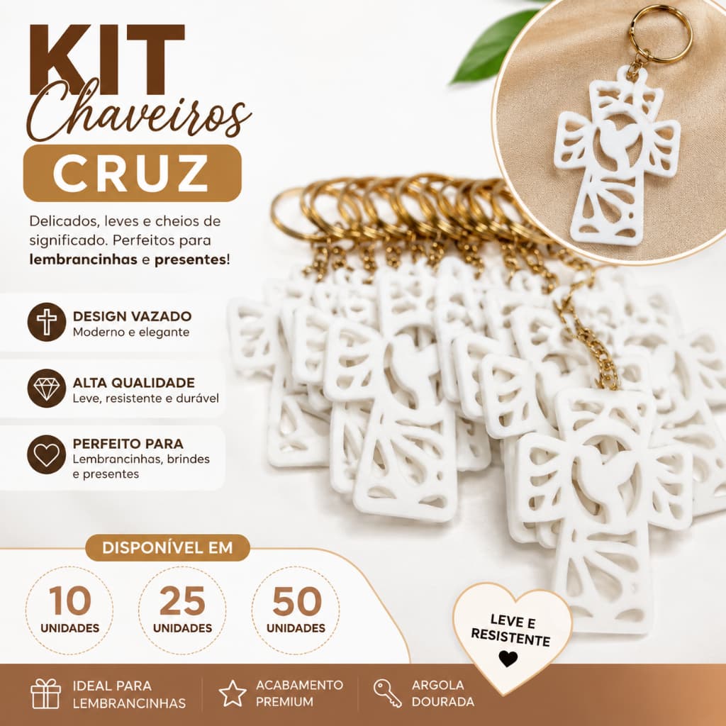 Kit Chaveiro Cruz com Divino Espírito Santo – Brinde para Igreja, Batizado e Primeira Comunhão