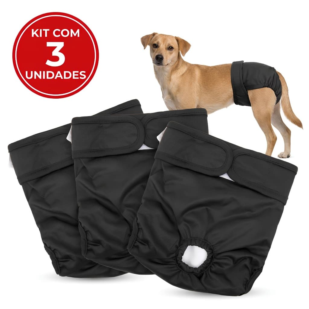 Kit 3 Fraldas Higiênicas Reutilizáveis Cachorros Fêmea Duráveis Laváveis Preta Petting Is Caring