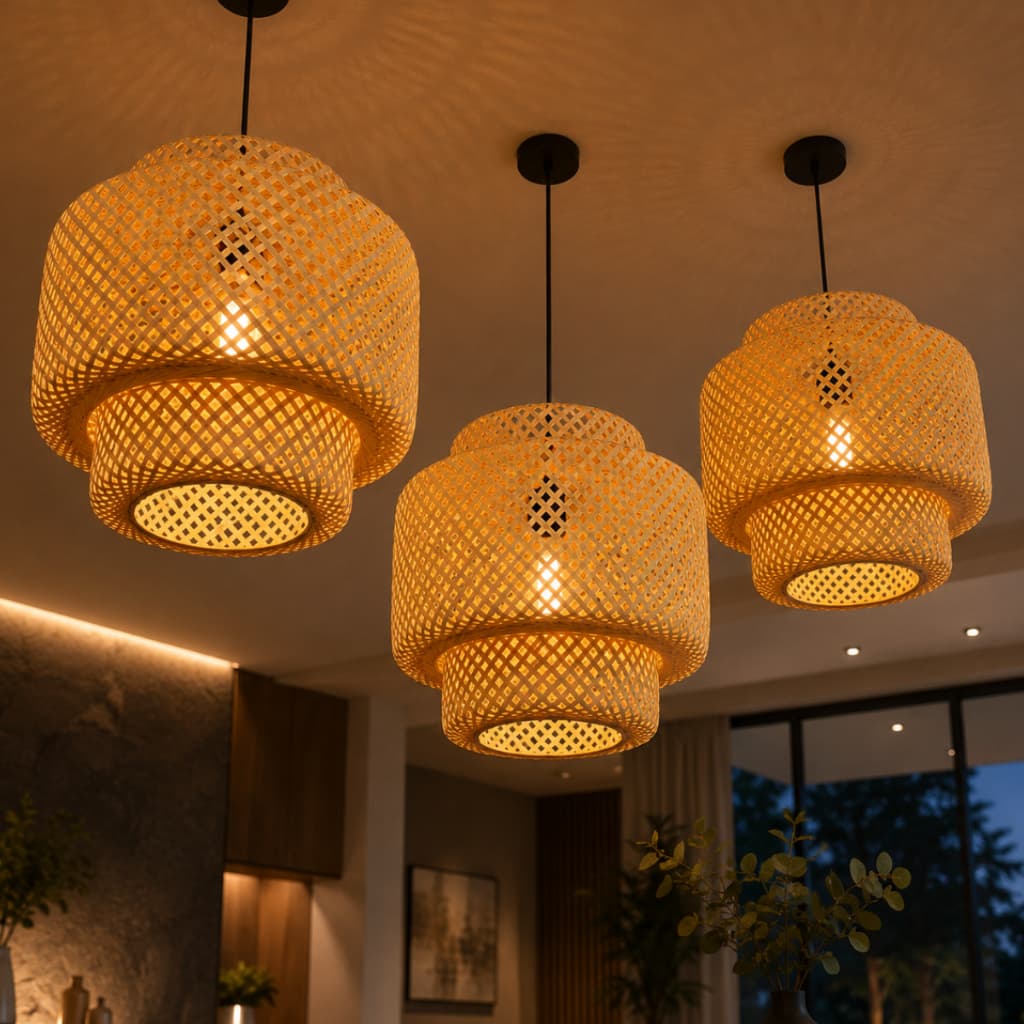 Kit 3 Pendentes Decorativos em Palha Natural Rústico para Mesa, Ilha Gourmet e Bancada