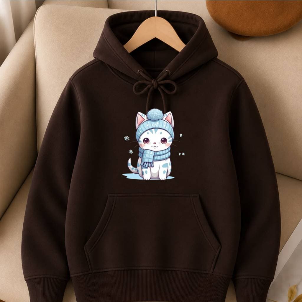 Blusa Canguru Infantil de Moletom Flanelado com Capuz Quentinha para Meninos e Meninas Estampa Gatinha Fofa