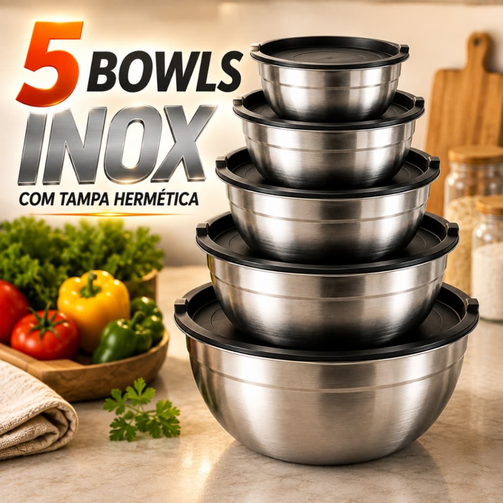 Bowl Inox com Tampa Tigela Saladeira Pote Aço Inox Empilhável Cozinha Kit 3 ou 5 Peças Pratitudo