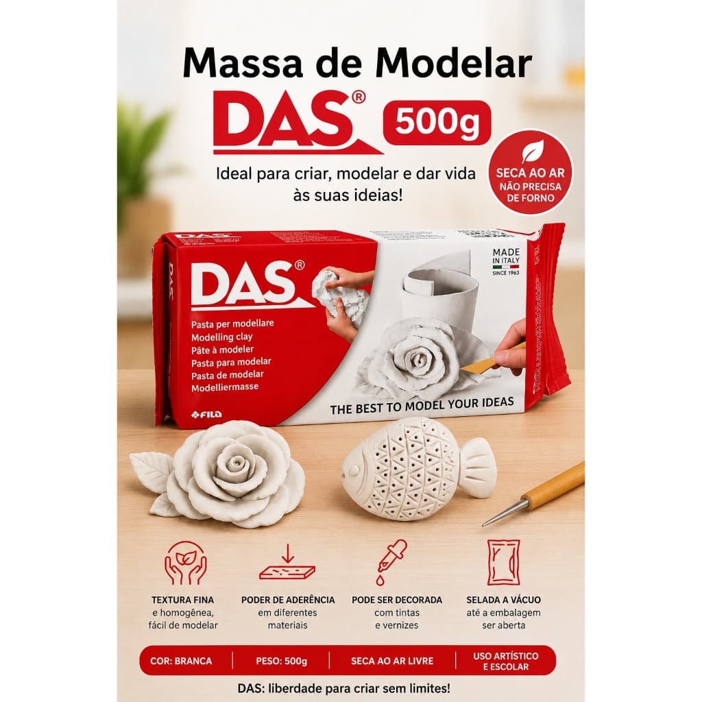 Massa de Modelar Cerâmica Fria DAS Escultura Branca 500 clay