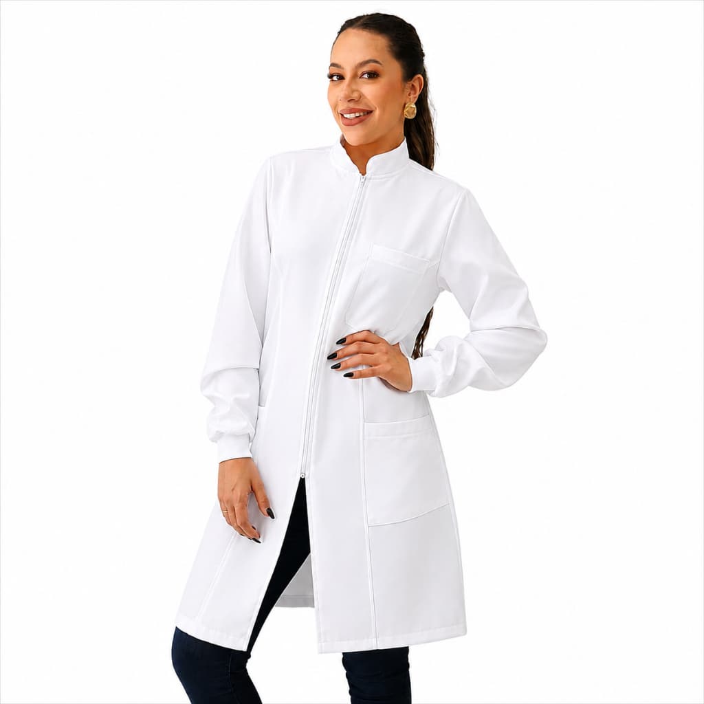 Jaleco Feminino Oxford Branco, Ziper, Gola Padre, Com Punho, Acinturado, Manga Longa