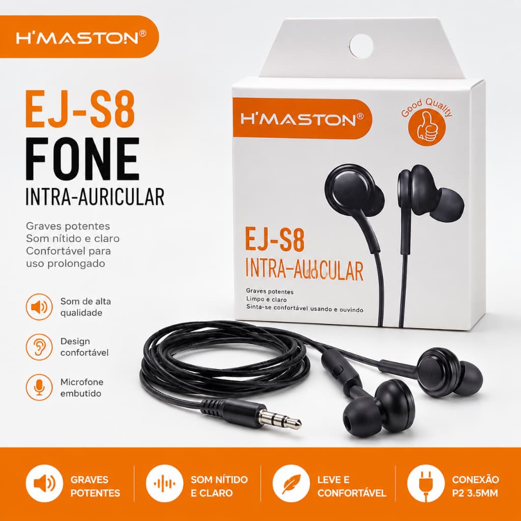 Fone de Ouvido P2 3.5mm com Microfone H'Maston EJ-S8 Intra Auricular