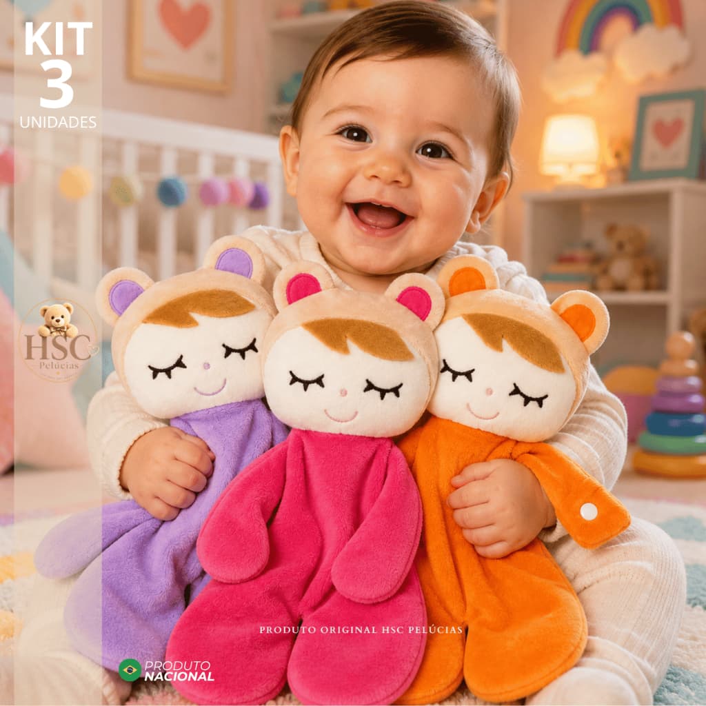 KIT 3 NANINHAS l PANINHO DE APEGO NANAR CHEIRINHO BICHINHO COM PORTA CHUPETA URSINHO l HSC