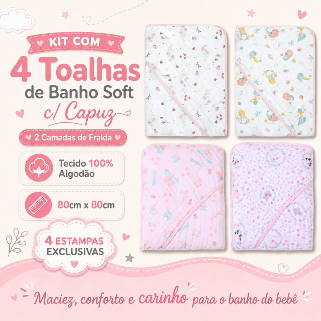 Kit com 4 Toalhas de Banho Soft c/ Capuz - 2 Camadas de Fralda - Tecido 100% Algodão - 80cm x 80cm