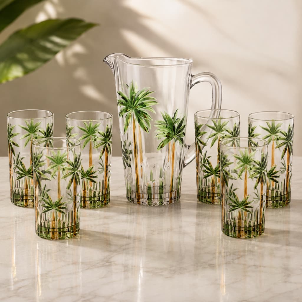 Conjunto Jarra Com 6 Copos Cristal Palm Tree Handpaint Wolff Coqueiros