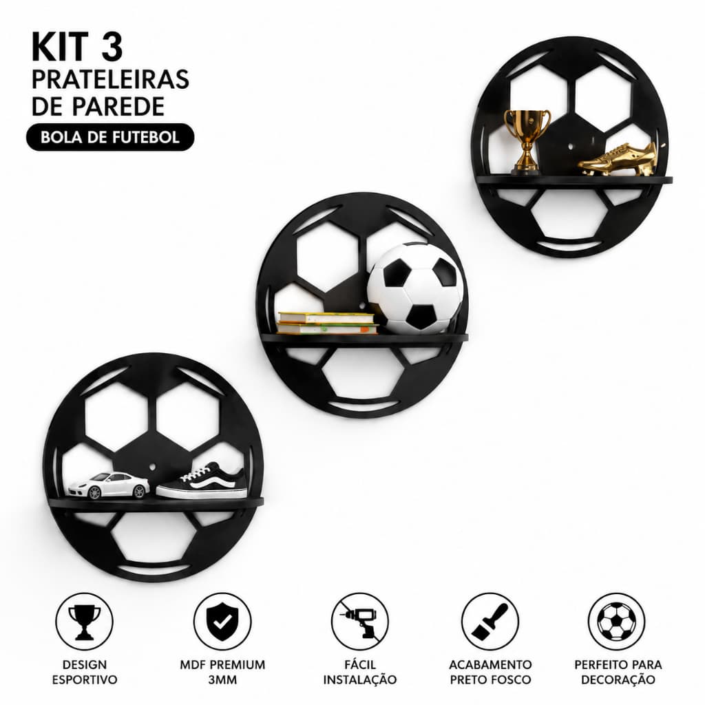 Kit 3 Prateleiras Nicho Bola De Futebol MDF Quarto Infantil