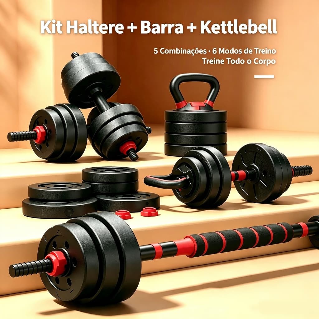 6 In 1 Bodybuilding Kit 15kg Dumbbells Washers Adjustable Kettlebell Bars Gym Home Workout
