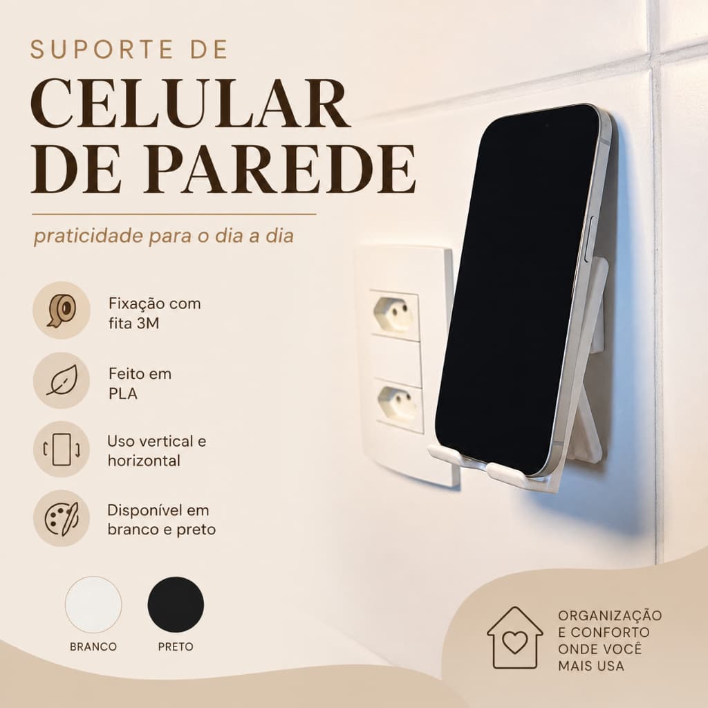 Suporte de Parede para Celular Compacto e Dobrável | Para Cozinha Quarto Banheiro