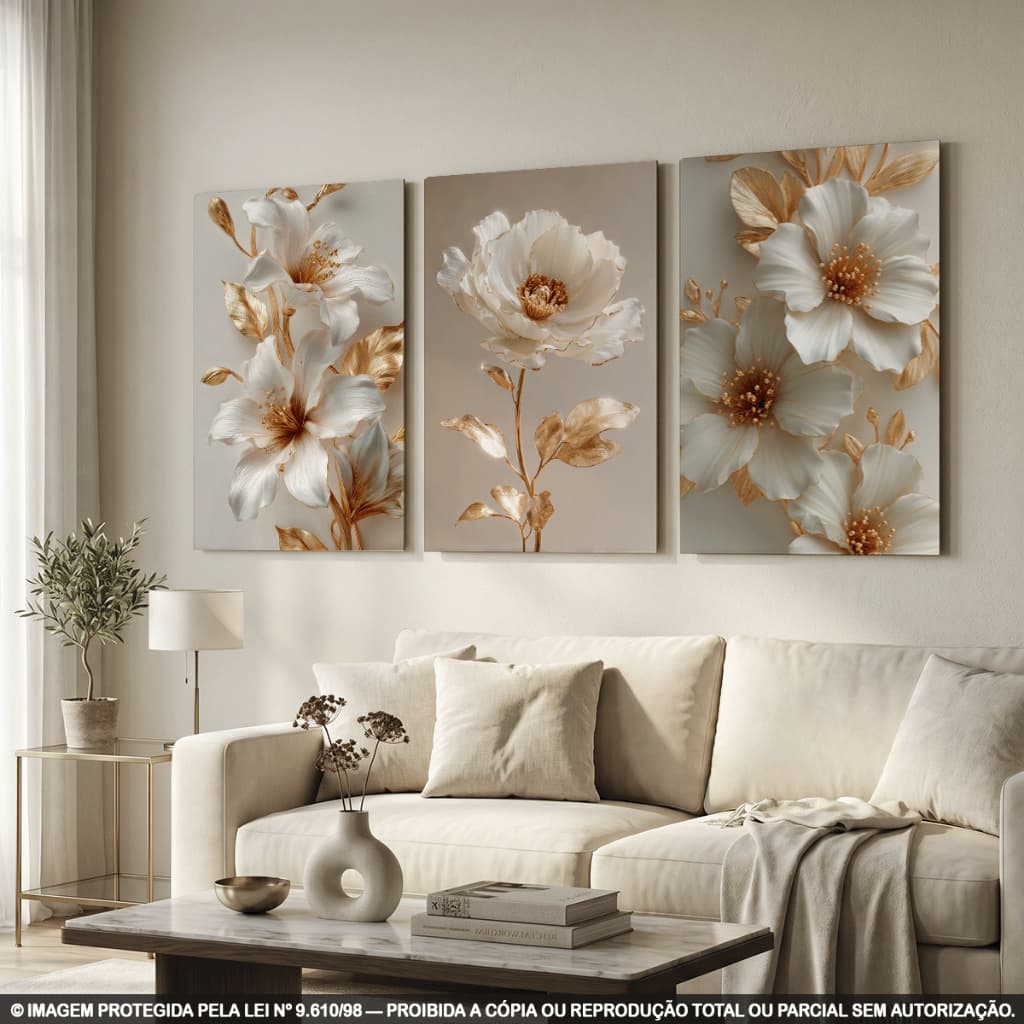 Quadros Decorativos Flores Brancas Dourado Luxo Floral Moderno Elegante Sala