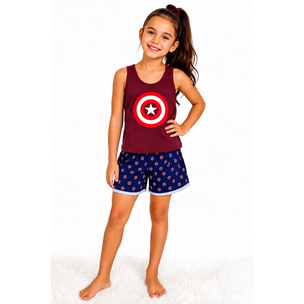 Pijama menina regata + short infantil verão/do P ao GG personagens estampas silk