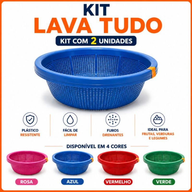 Kit Lava Tudo 2 Unidades Escorredor Multiuso para Frutas, Verduras e Legumes Plástico Resistente