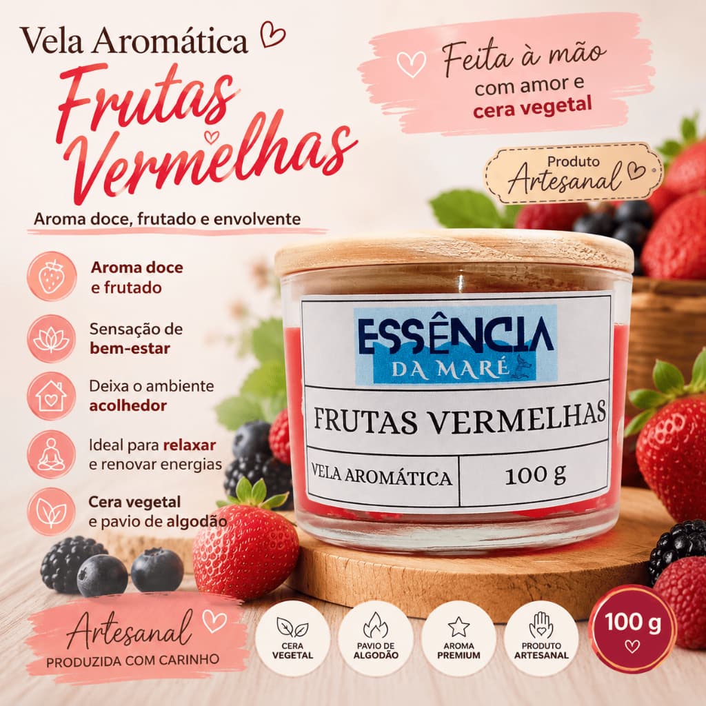 Vela Aromática Frutas Vermelhas 100g Artesanal Cera Vegetal Perfumada Decoração Presente