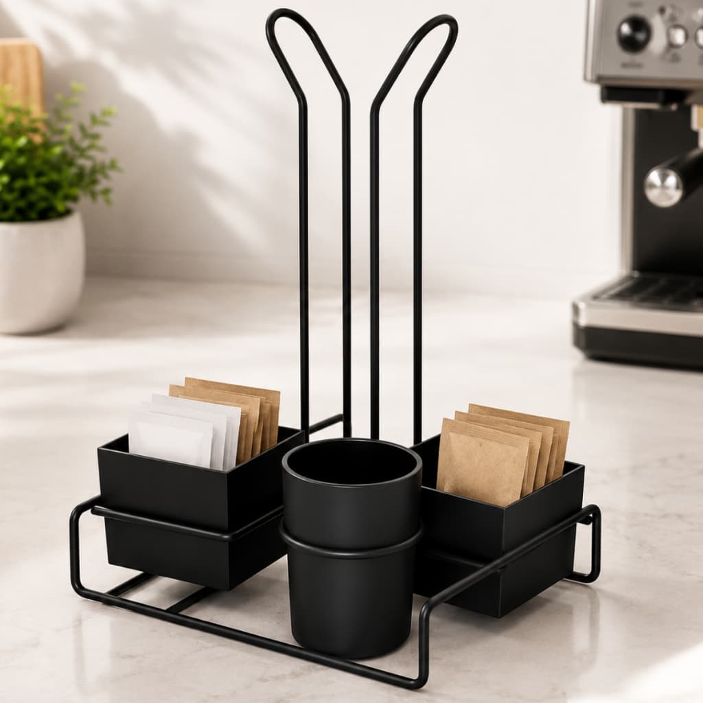 Suporte Organizador Copos Descartáveis Café Chás Água Dispenser Porta Colher Mexedor Sachê Açúcar