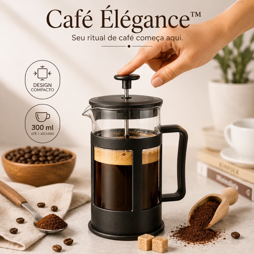 Cafeteira Prensa Francesa 300ml Café Élégance™ Cafeteira Manual em Vidro com Filtro Inox para Café Moído