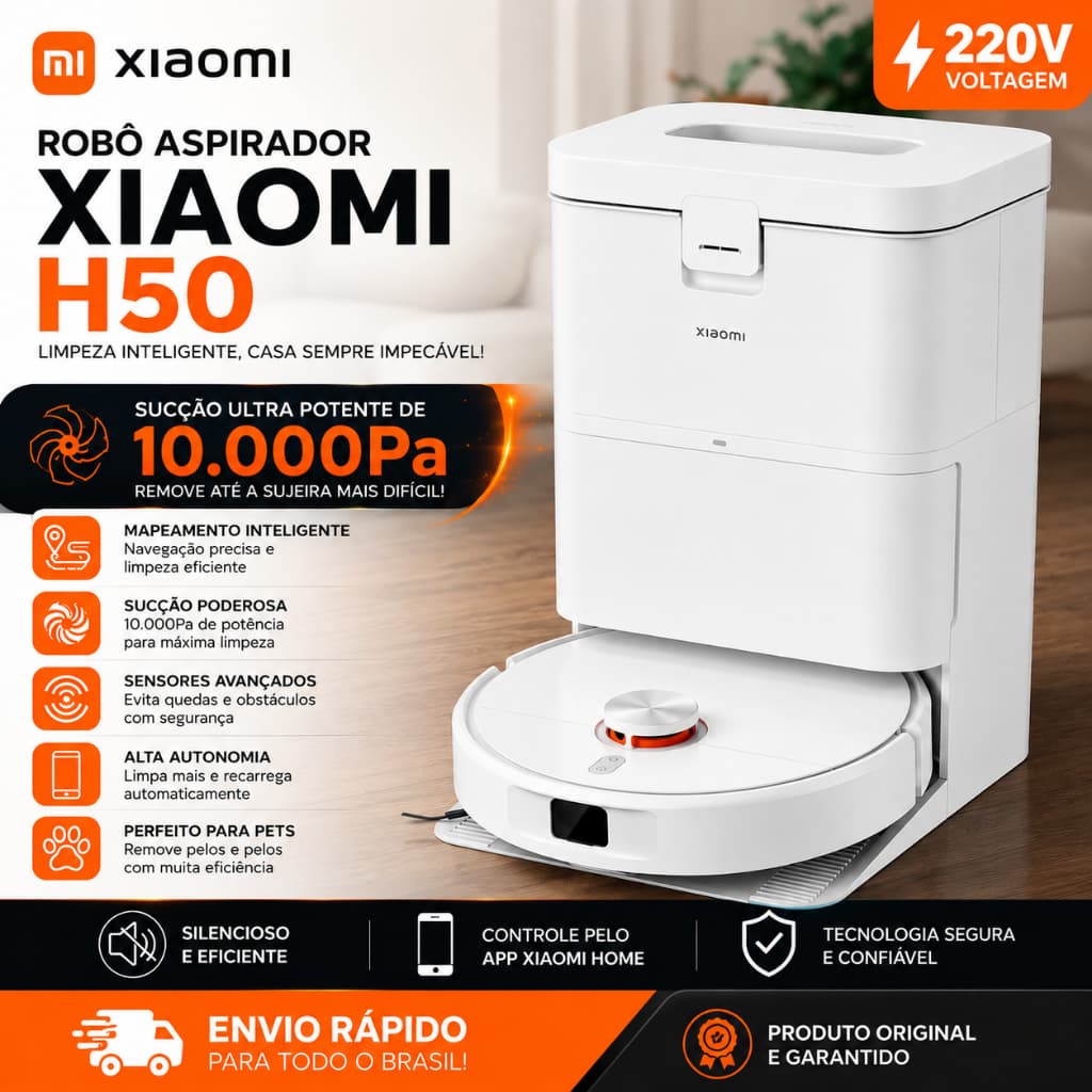 Robô Aspirador Xiaomi H50 220V 10.000PA - Aspirador com Esfregão - Você com tempo e sua casa limpa