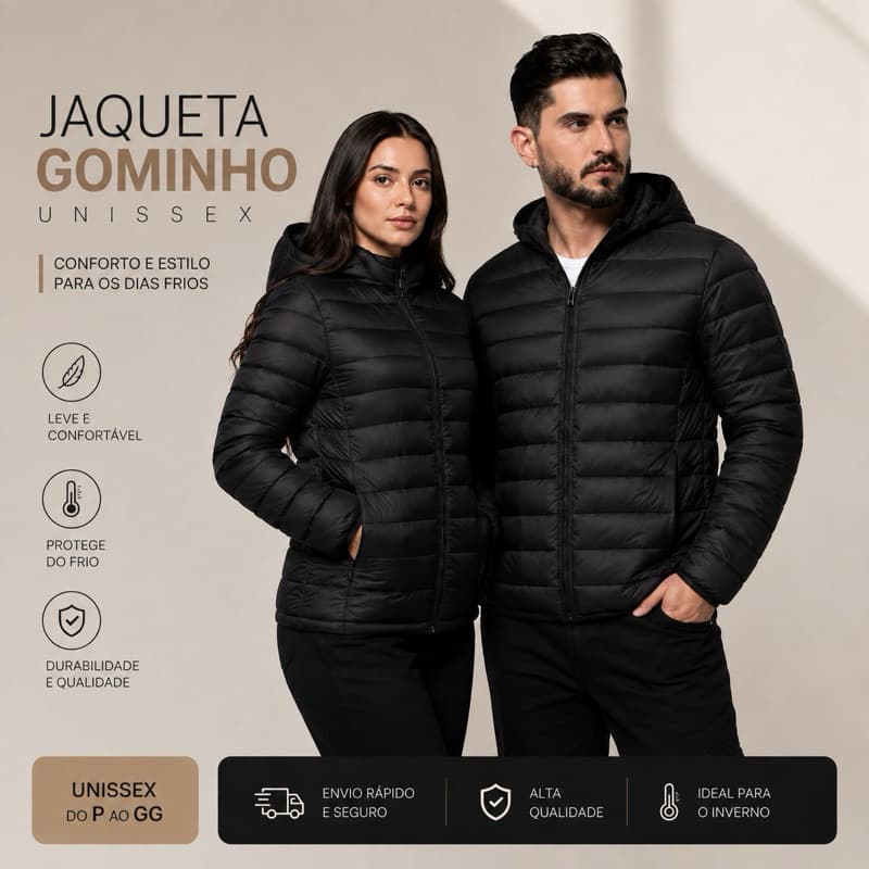 Jaqueta Bobojaco Unissex Preto Inverno Gominho Leve Confortável Estilo Urbano