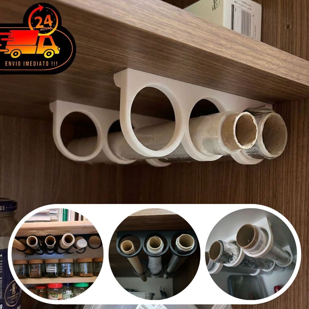 Suporte Organizador de Rolos Cozinha Ajustável Com 3 Porta Papel Alumínio Filme PVC Sem Furo Armário