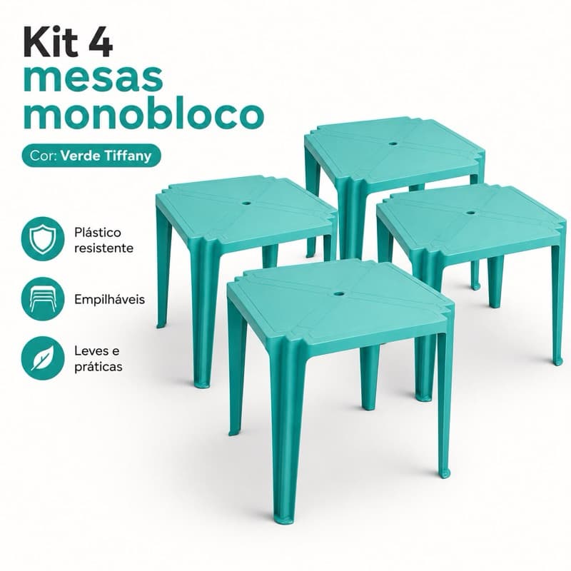 Kit 4 Mesas Monobloco Plástica Verde Tiffany Resistente Empilhável Uso Interno Restaurante Lanchonete Bar Eventos Jardim