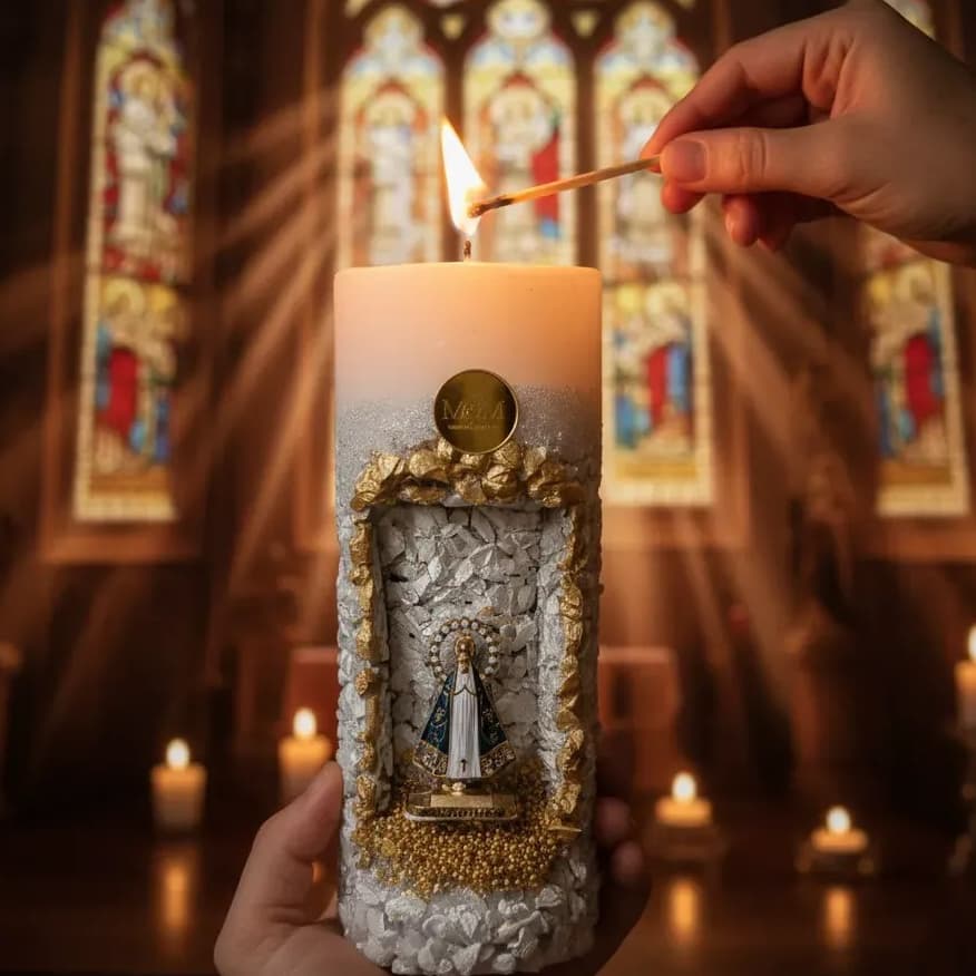 Vela Gruta Branca Nossa Senhora | Artesanal I Dourado e Pedra Dolomita | Cera Ecomix Premium | MeM
