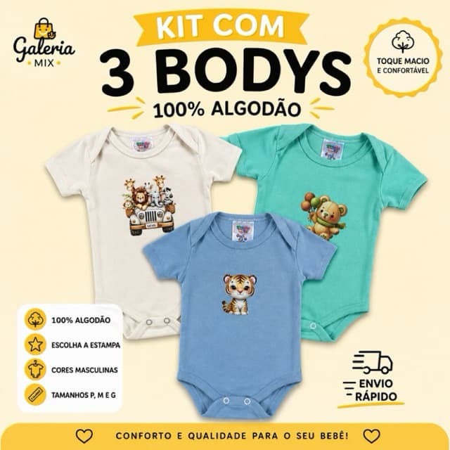 Kit Body bebê 3 peças - Body menino - Body estampado
