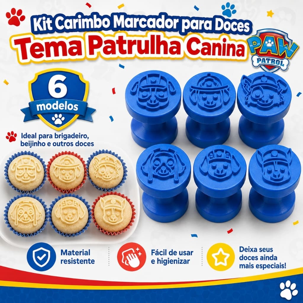 Kit Carimbos Brigadeiros Docinhos Molde Festa Confeitaria - Patrulha Canina - 6pçs