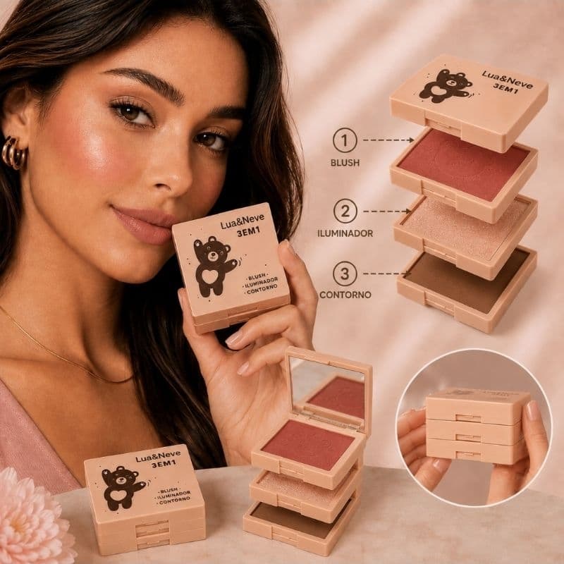 Paleta 3 em 1 Lua&Neve Ursinho | Blush + Iluminador + Contorno Compacto com Espelho