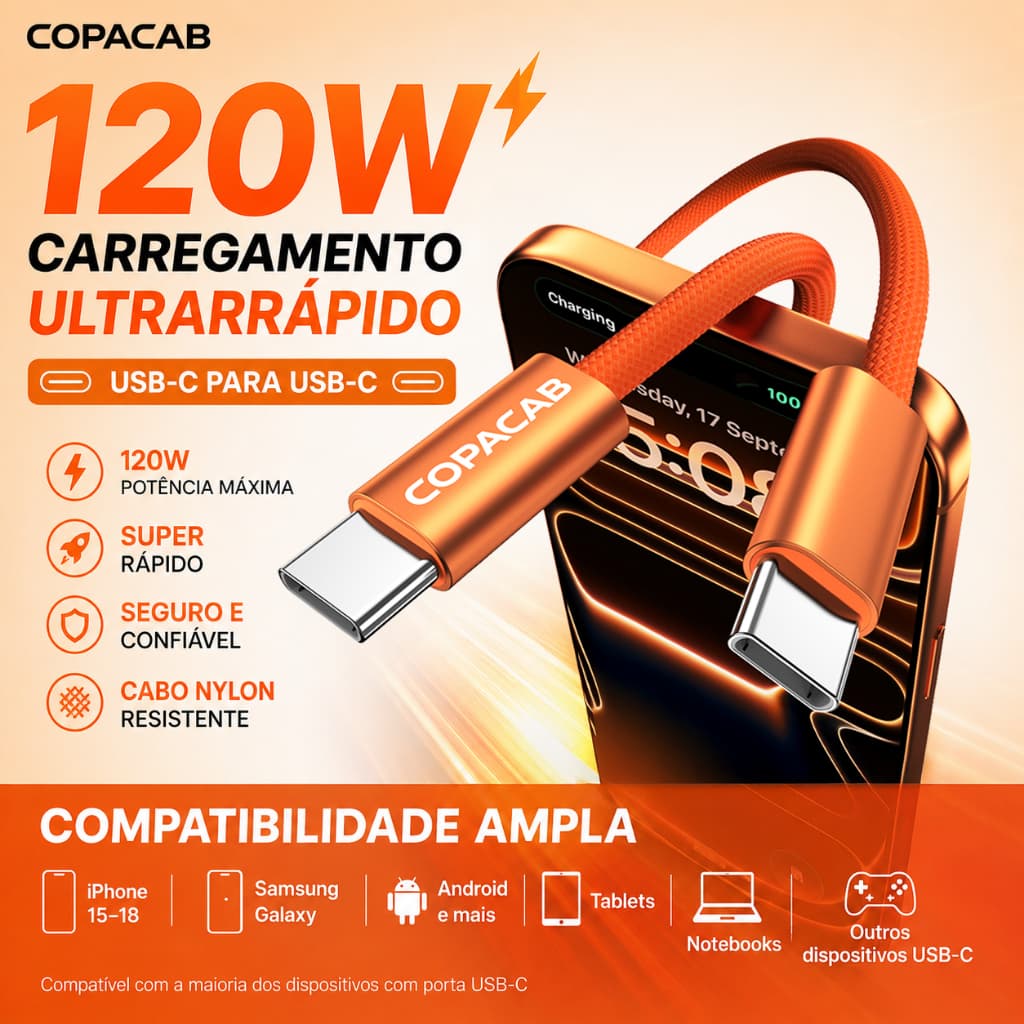 Cabo USB C para USB C 120W Carregamento Rápido Super Nylon Reforçado para iPhone 15 16 17 18 Samsung S23 24 25 26Android