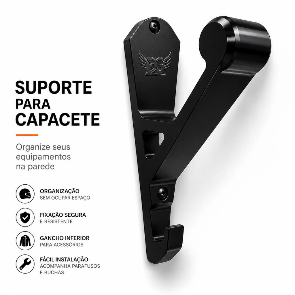 Suporte de Parede para Capacete de Moto com Gancho para Chaves e Jaqueta Organizador Premium Preto - DG SHOP