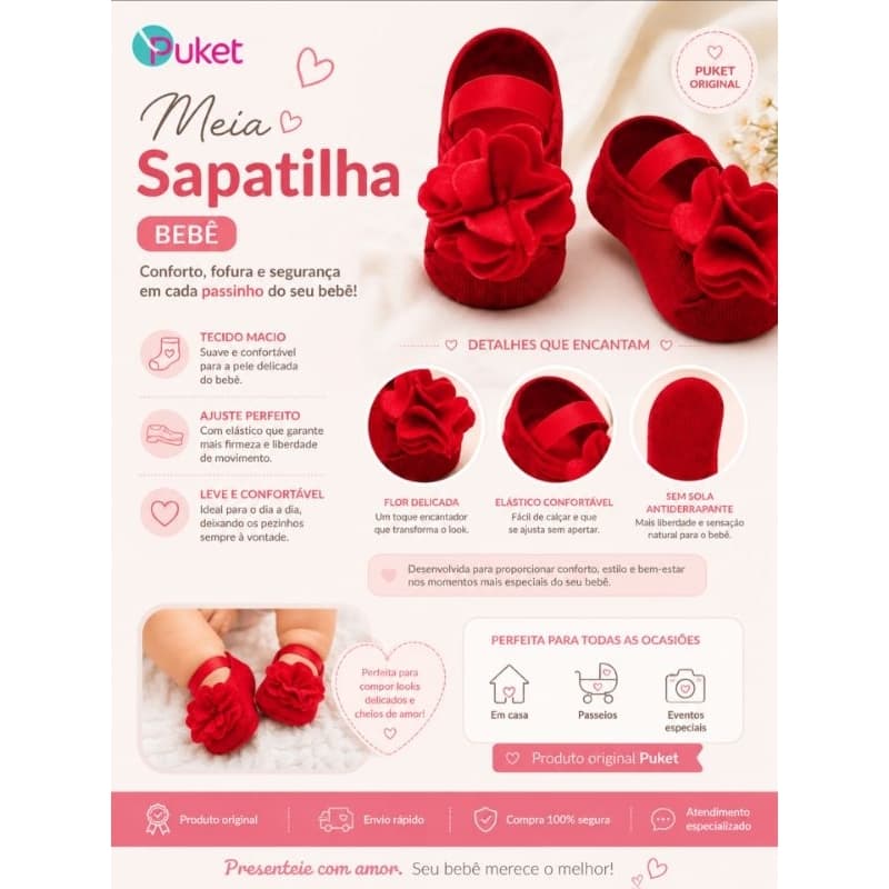 Meia Sapatilha Flor Vermelho (0-12 meses) | PUKET