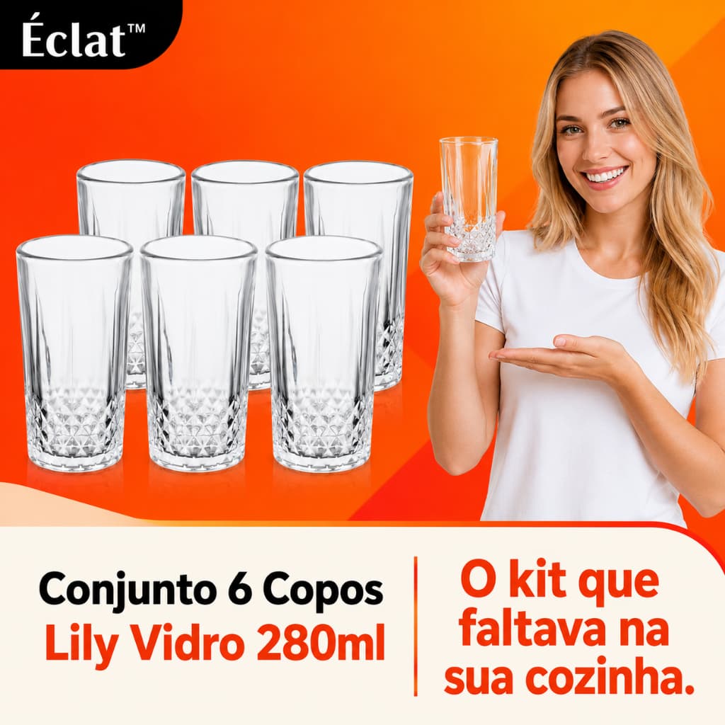 Conjunto 6 Copos Lily Vidro 280ml Transparente – Jogo de Copos para Água, Suco, Refrigerante e Mesa Posta