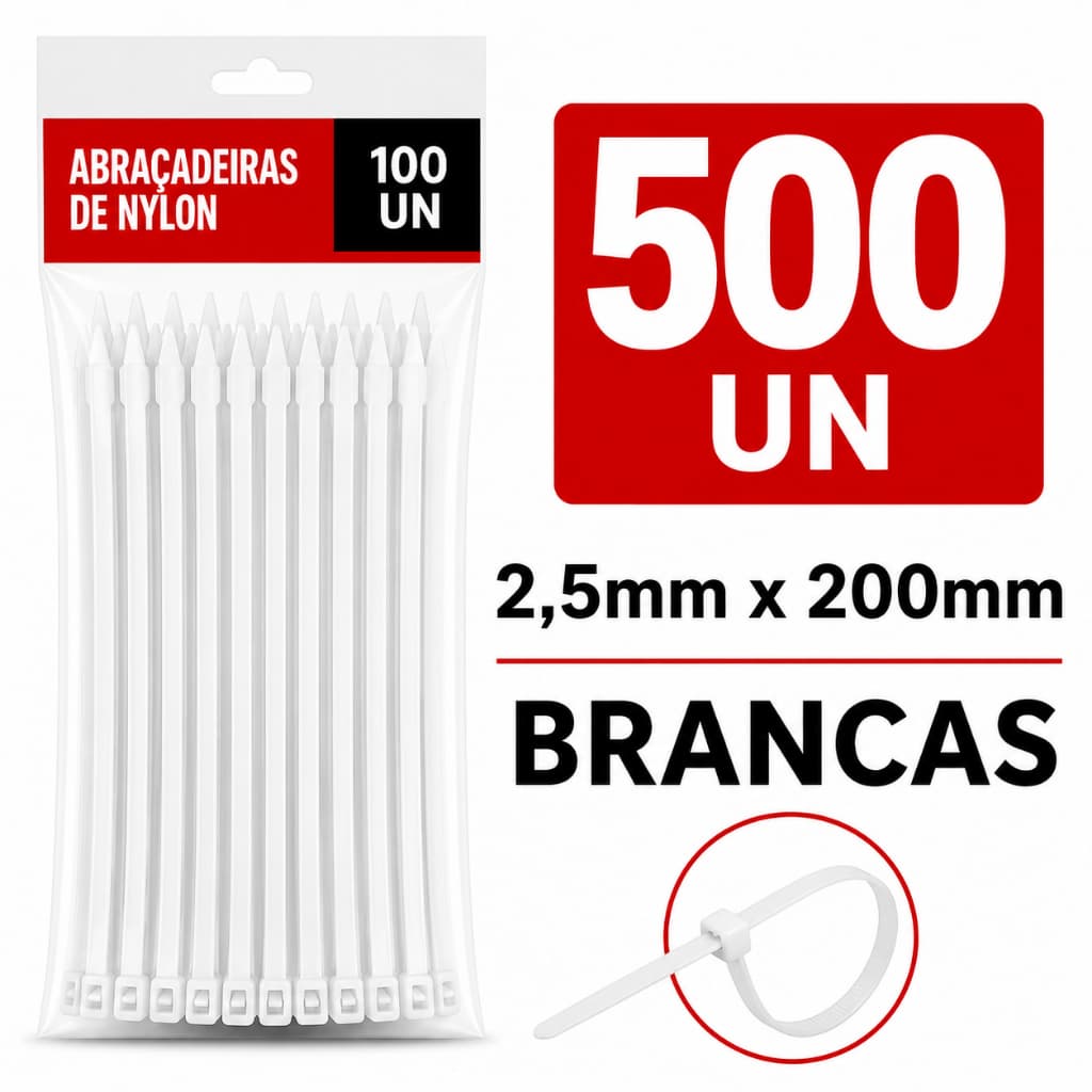 500 Abraçadeiras Nylon 2.5mm X 200mm Branca Enforca Gato Fita Plástica