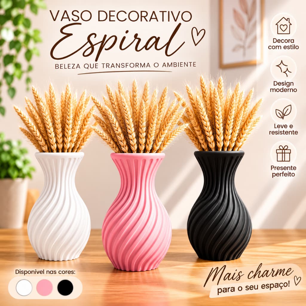 Kit 3 Vasos Decorativos Minimalistas Espiral com Trigo Seco Decoração Sala Quarto Casa Banheiro