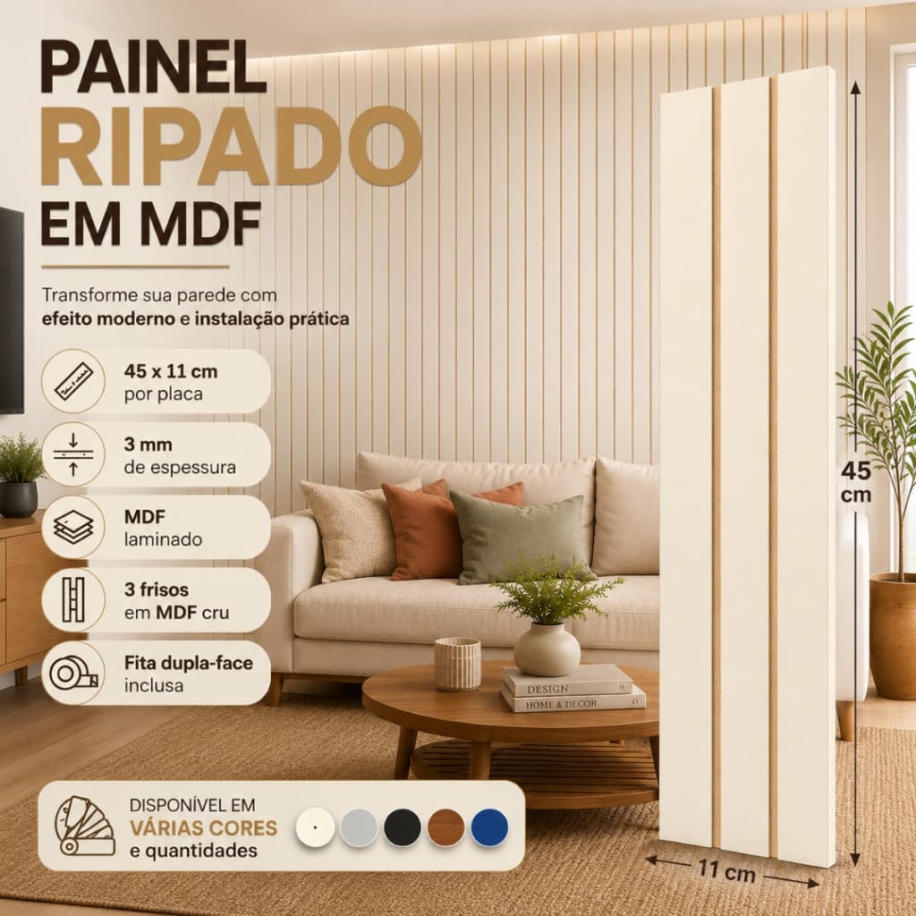 KIT ATÉ 40 Painel Ripado em MDF Autocolante de Parede Decorativa Placas 45x11cm Com Fita Dupla-Face