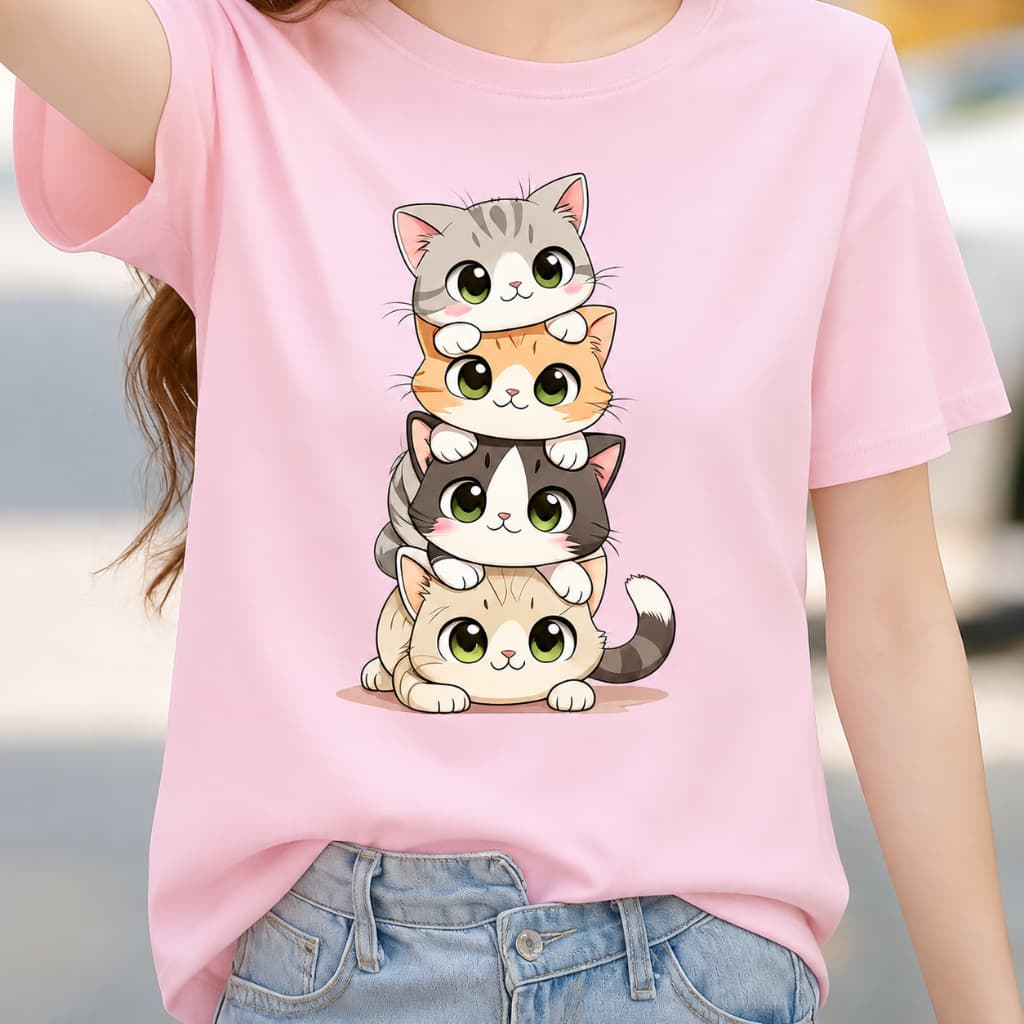 Camiseta Feminina 100% Algodão Premium Estampada Gatinho Pilha Casual Confortável Moda