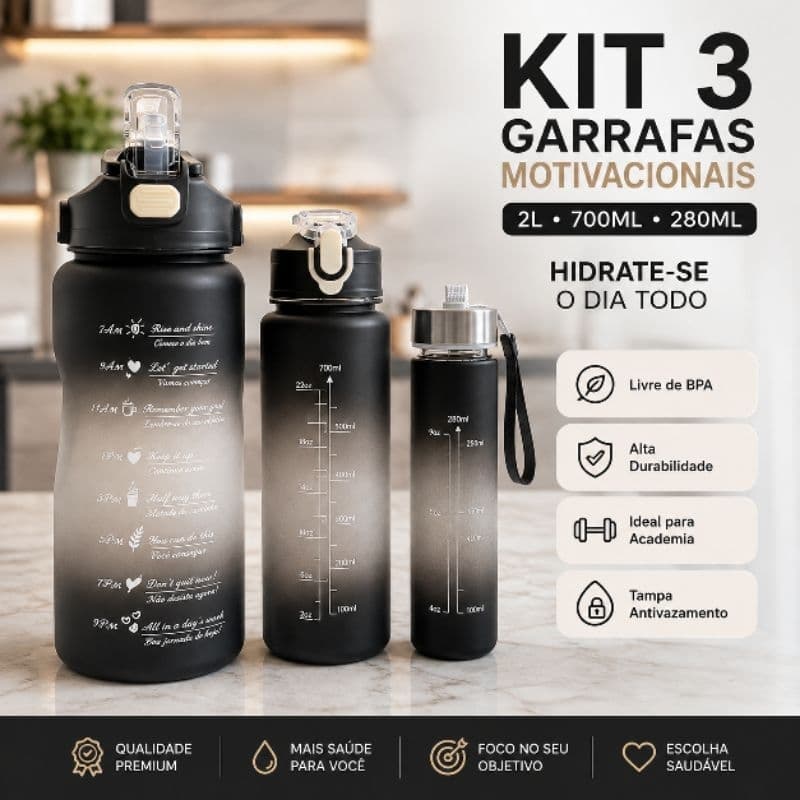 Kit 3 Garrafas Squeeze Motivacional 2L 700ml 280ml Academia Treino Livre BPA