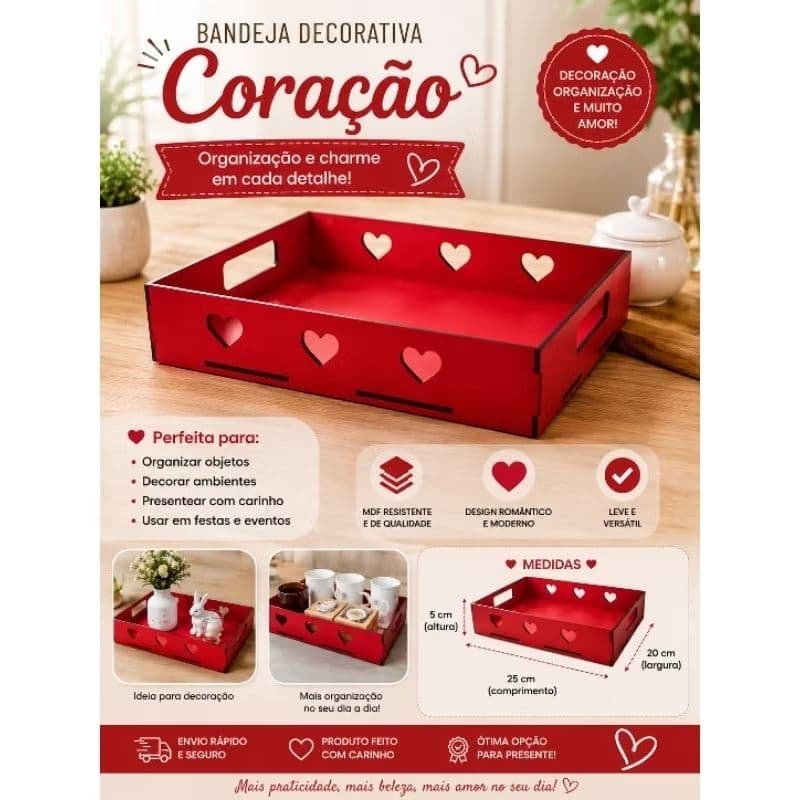 Bandeja Decorativa Coração Mdf 25x20x5cm Lembrancinhas Festas Decorações Aniversários Comemorações