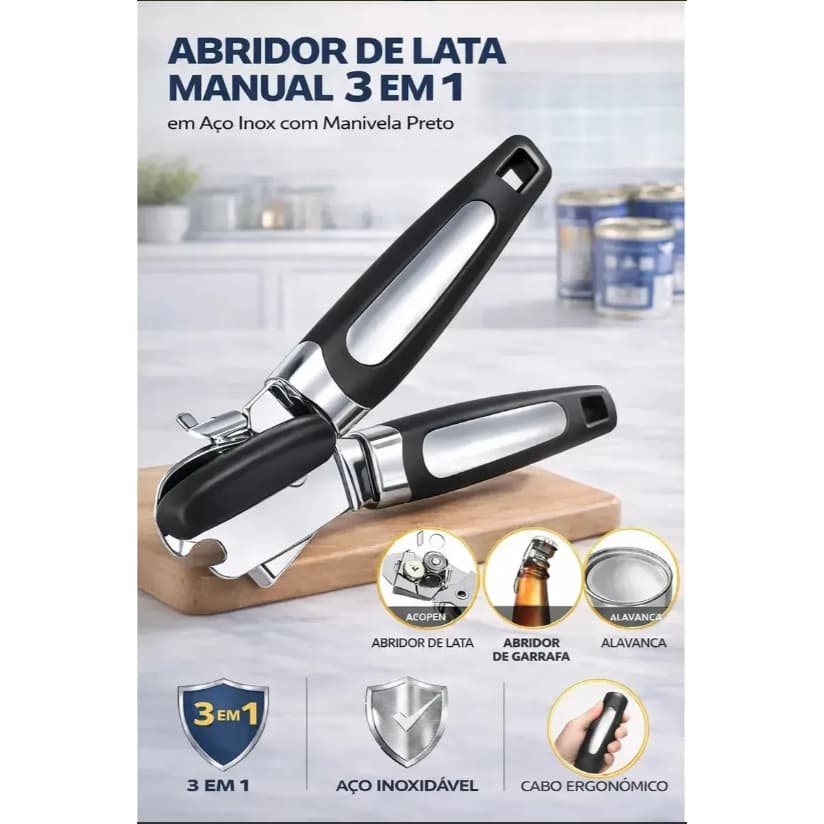 Abridor De Latas 3 Em 1 Garrafas Aço Inox Profissional Casa