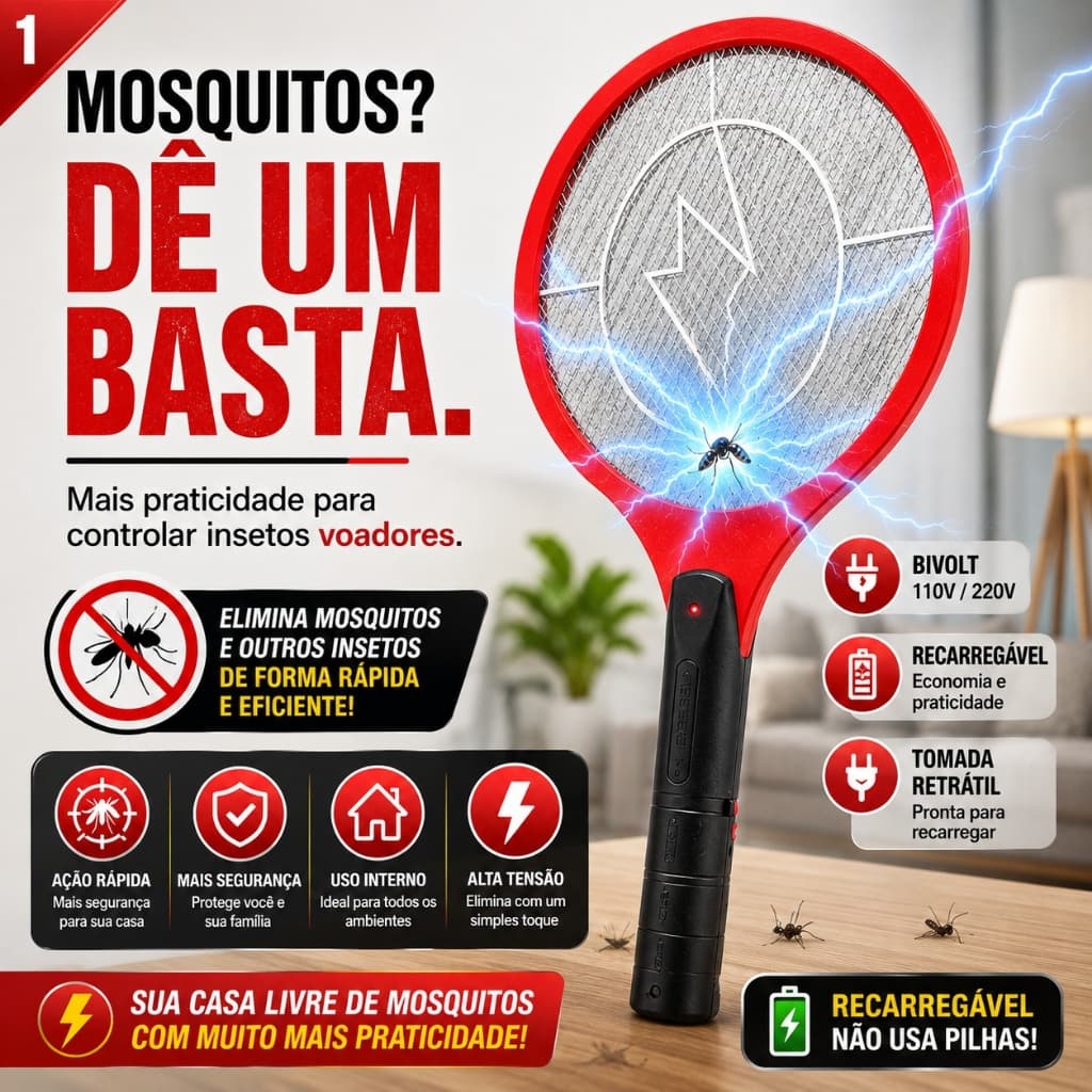 Raquete Elétrica Mata Mosquito Recarregável Bivolt 110V 220V Anti Insetos