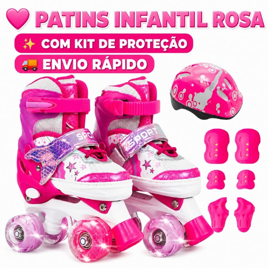 Patins Infantil Rosa Led com Kit Proteção Ajustável Menina Criança