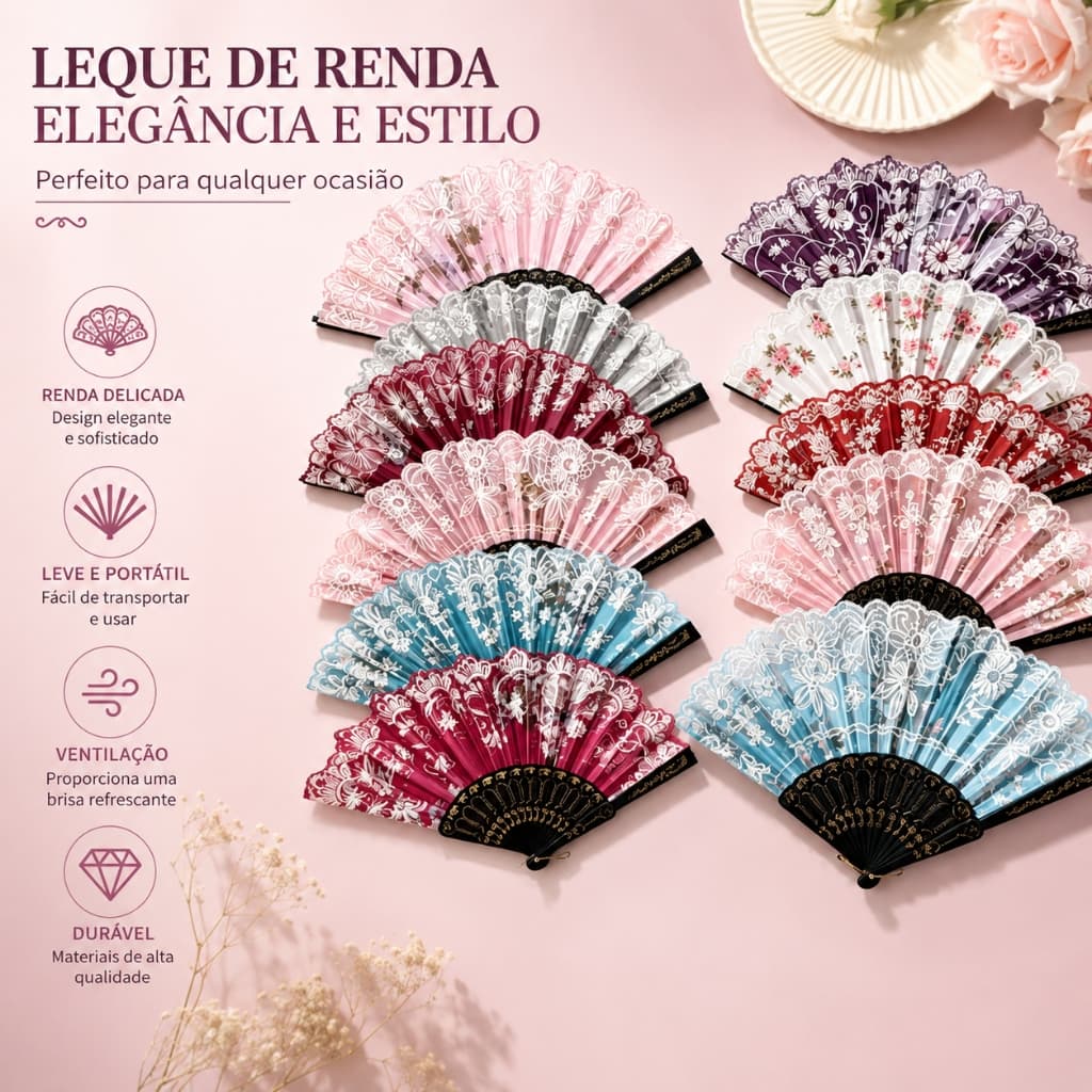 Leque de Renda Dobrável Feminino – Elegante, Leve e Portátil