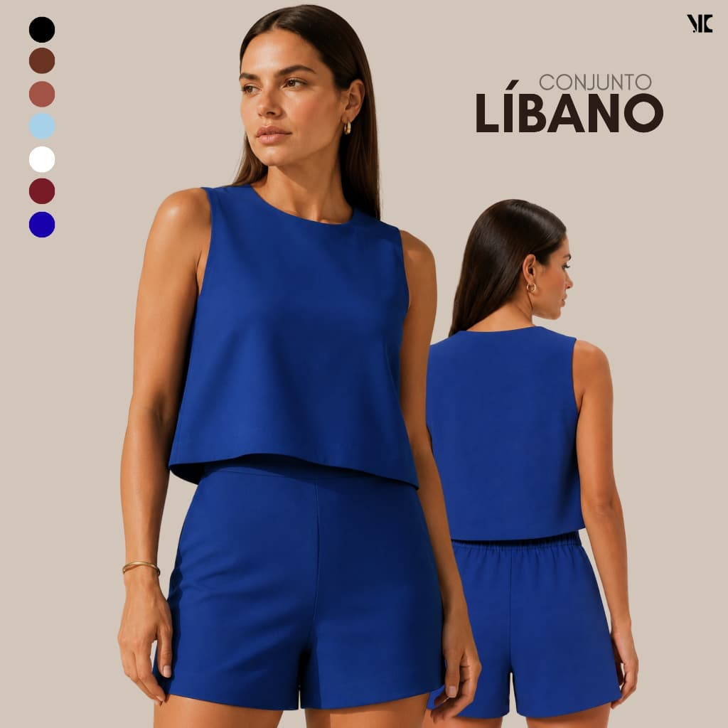 Conjunto Feminino Casual Elegante Blusa Cropped Shorts Crepe Libano Premium Moda Verão